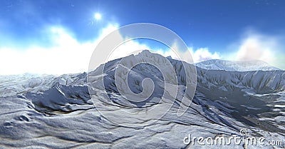 Winter landscape. Beautiful snowy mountain area with clouds and rising sun. 3d illustration Cartoon Illustration