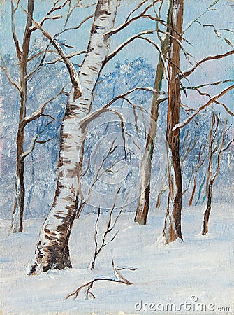 Winter landscape birch trees in the snow on a canvas. Original oil painting. Stock Photo