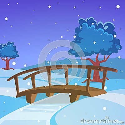 Winter landscape with bridge Vector Illustration