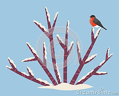 Winter Landscape, Bullfinch Sitting on Snow Bush Vector Illustration