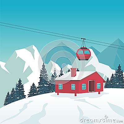 Winter Landscape with Cable-car, ski station and scenery design Stock Photo