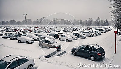 Winter landscape. Cars parking in the snow. Day after freezing . Stock Photo