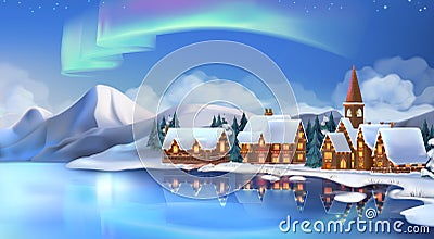 Winter landscape. Christmas cottages. Festive Christmas decorations. New Year background. Vector illustration Vector Illustration