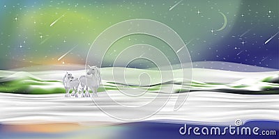 Winter landscape with couple unicorn standing on snow with northern light and crescent moon,Vector Starry Night sky with shining Vector Illustration