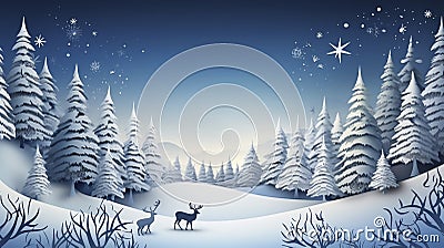 Winter landscape with deer paper cut-out and fir trees in snow. Festive horizontal banner with text Merry Christmas Stock Photo