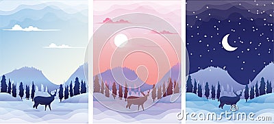 Winter Landscape with deer silhouette at sunrise, sunset and night. Banner set template vector illustrations Vector Illustration