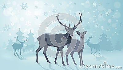 Winter Landscape with Deers Vector Illustration