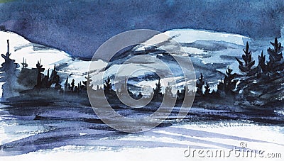 Winter landscape. Distant snowy mountains. Dark silhouette of spruce forest, snow-covered valley or frozen lake Stock Photo