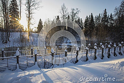 Winter landscape from Finland. River on a frosty winter morning a lot of snow Stock Photo