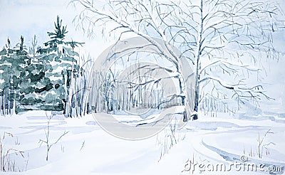 Winter landscape of forest and snowy field. Hand drawn watercolor illustration Cartoon Illustration