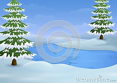 Winter landscape with frozen lake and fir trees Vector Illustration