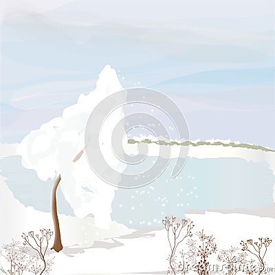 Winter landscape with frozen lake, snowdrifts,cloudy sky,snowbound tree Vector Illustration