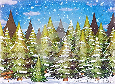 Winter landscape with green spruce trees in snow Stock Photo