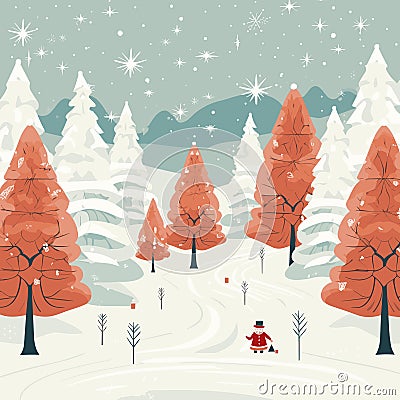 Winter Landscape Illustration With Santa Claus Horsing Around His Sleigh And A Forest Background Vector Illustration