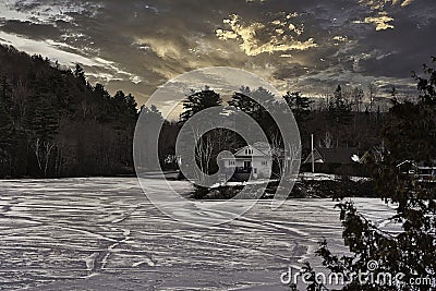 Winter landscape at Lac Twins, Val-des-Monts, Quebec Stock Photo