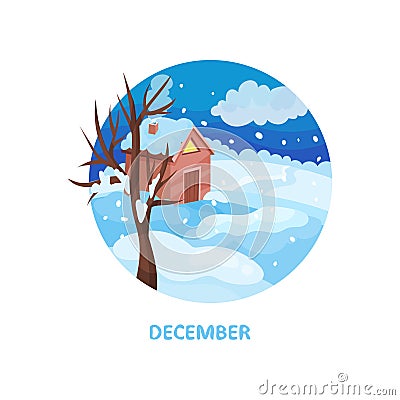 Winter landscape with little house, tree, snow on the grown and dark blue sky. December month. Cold season. Flat vector Vector Illustration