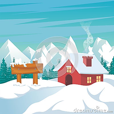 Winter Landscape with lonely home and scenery snowy design Stock Photo