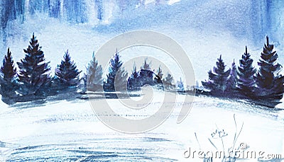 Winter landscape. Lush spruce forest, snowy field. Hand drawn watercolor illustration Cartoon Illustration