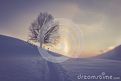 Snowy winter landscape in the alps, sunrise with halo phenomena Stock Photo