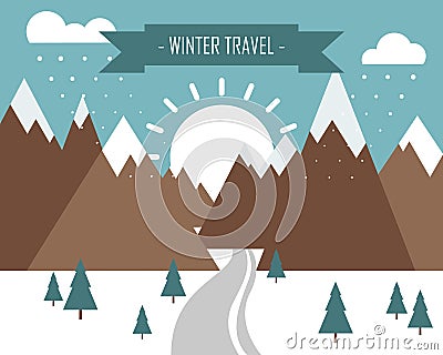 Winter landscape with mountains, snow and inscription winter travel. Vector Illustration