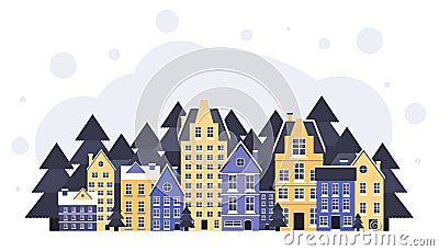 Winter landscape. New Year and Christmas poster. Winter in village. Christmas eve. Flat vector Cartoon Illustration