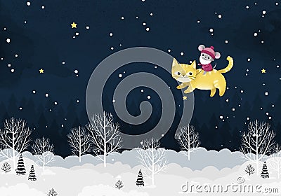 Winter landscape, night forest, new year 2020, mouse with cat, template for design Cartoon Illustration