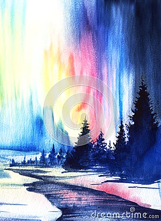 Winter landscape. Northern Lights. Aurora borealis. Blue glow. Dark blue silhouettes of slender fir trees against a Cartoon Illustration