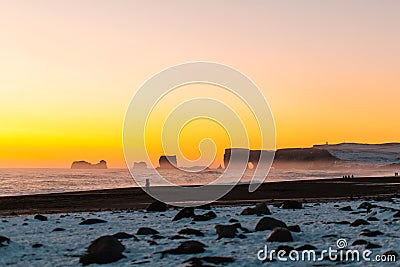 Winter landscape, oceanic beach with black volcanic sand in iceland Stock Photo