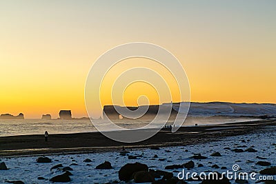 Winter landscape, oceanic beach with black volcanic sand in iceland Stock Photo