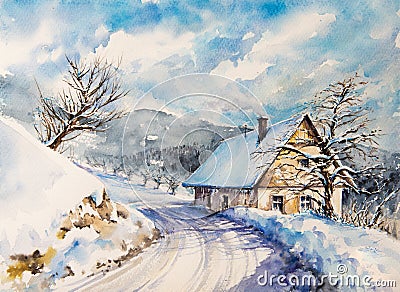 Winter landscape with house watercolors painted Stock Photo