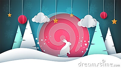 Winter landscape. Paepr illustration. Rabbit, sun, fir, cloud, star. Vector Illustration