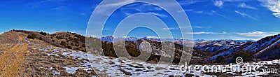 Winter Landscape panorama Oquirrh and Wasatch mountain views from Yellow Fork Canyon County Park Rose Canyon rim hiking trail by R Stock Photo