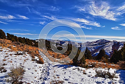 Winter Landscape panorama Oquirrh and Wasatch mountain views from Yellow Fork Canyon County Park Rose Canyon rim hiking trail by R Stock Photo