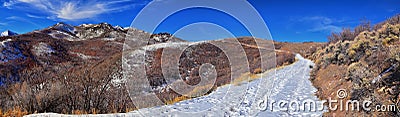 Winter Landscape panorama Oquirrh and Wasatch mountain views from Yellow Fork Canyon County Park Rose Canyon rim hiking trail by R Stock Photo