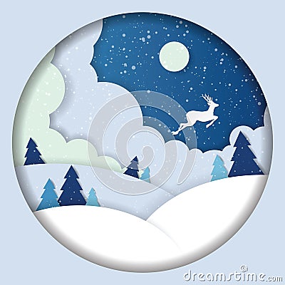 Winter landscape paper cut deer and pine trees in the snow With a beautiful moon. Vector Illustration