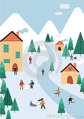 Winter landscape with people and decoration: tree, skating, slade, snowman, gift, flag. Vector Illustration