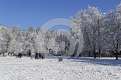 Winter landscape playground city in pure snow play children Stock Photo