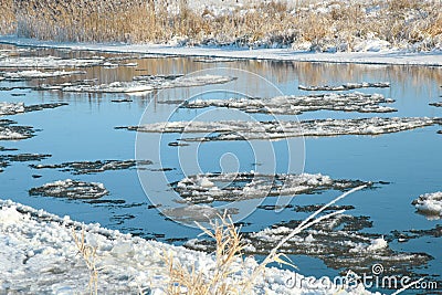 Winter landscape. Reflection of blue sky in a river. Stock Photo