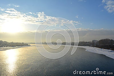 Winter landscape with river on sunset. Russian landscape Stock Photo