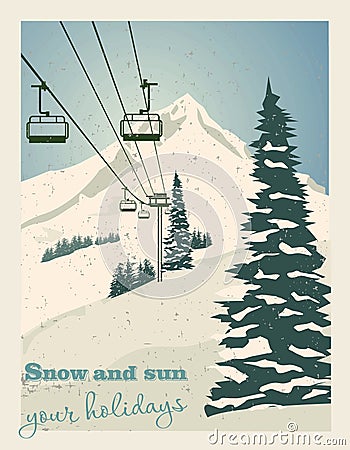 Winter landscape with ropeway station and ski cable cars. Snowy country scene vector illustration. Ski resort concept Vector Illustration