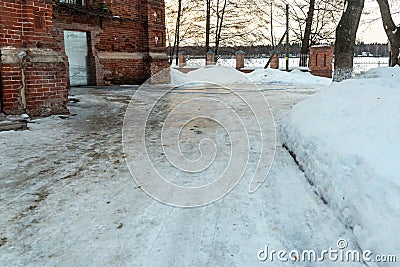 Winter landscape, Russian nature, early morning in the monastery, dawn pink light Stock Photo