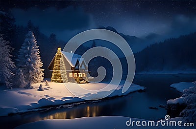 Winter landscape with a shining Christmas tree near a wooden house standing by the river in the mountains at night Stock Photo