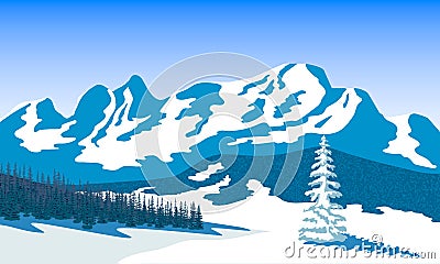 Winter landscape with silhouettes of mountains and forest. Snow and shadows. Vector illustration Vector Illustration