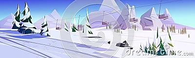 Winter landscape with ski lift chairs in mountains Vector Illustration