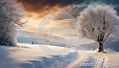 Winter landscape with snow. Beautiful christmas panorama with fresh powder snow Stock Photo