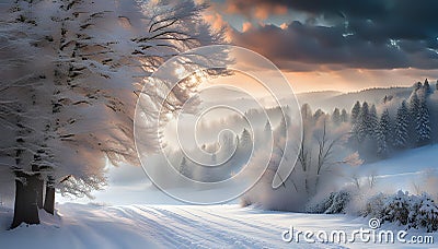 Winter landscape with snow. Beautiful christmas panorama with fresh powder snow Stock Photo