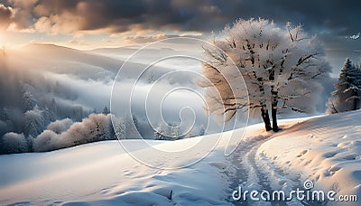 Winter landscape with snow. Beautiful christmas panorama with fresh powder snow Stock Photo