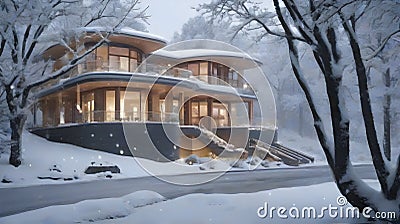 Winter landscape with snow covered trees and cozy house with garage and pool Stock Photo