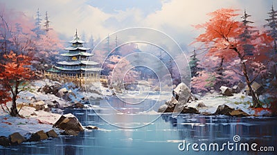 Winter Pagoda: A Serene Asian Landscape Painting Stock Photo