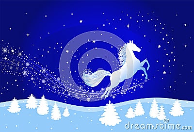 Winter landscape with snowy fairy horse Vector Illustration